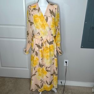 Halogen Yellow Floral Faux Wrap Midi Dress